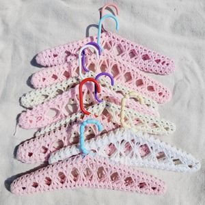 VTG Set of 8 Handmade Yarn Crocheted Hangers Grandmacore Pink White Granny